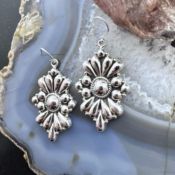 Southwestern Style Sterling Silver Floral Decorated Dangle Earrings For Women - Picture 6 of 10